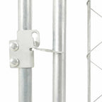 Detail of galvanised steel frame connection on outdoor dog kennel with chain-link mesh side panel