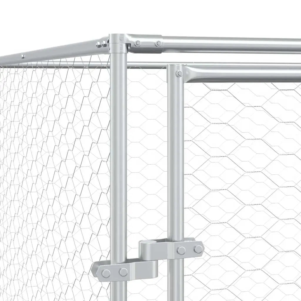 Close-up of galvanised steel door hinges and frame structure on outdoor dog run enclosure