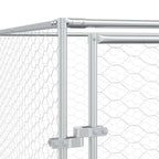 Close-up of galvanised steel door hinges and frame structure on outdoor dog run enclosure