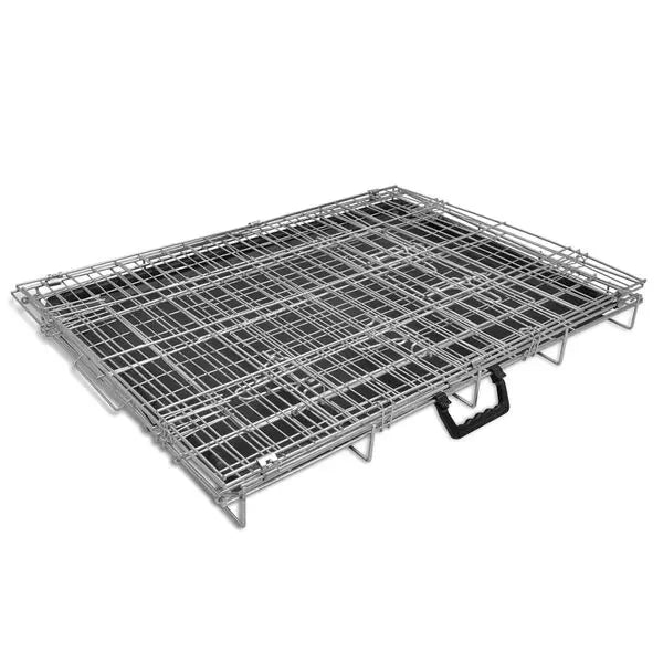 Collapsible galvanised steel dog crate folded flat with integrated carry handle, shown on white background