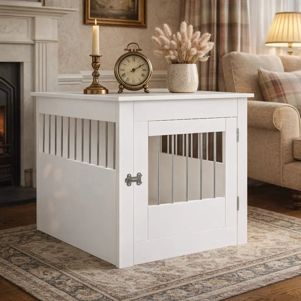 White dog crate furniture used as an end table in a living room with decorative items on top