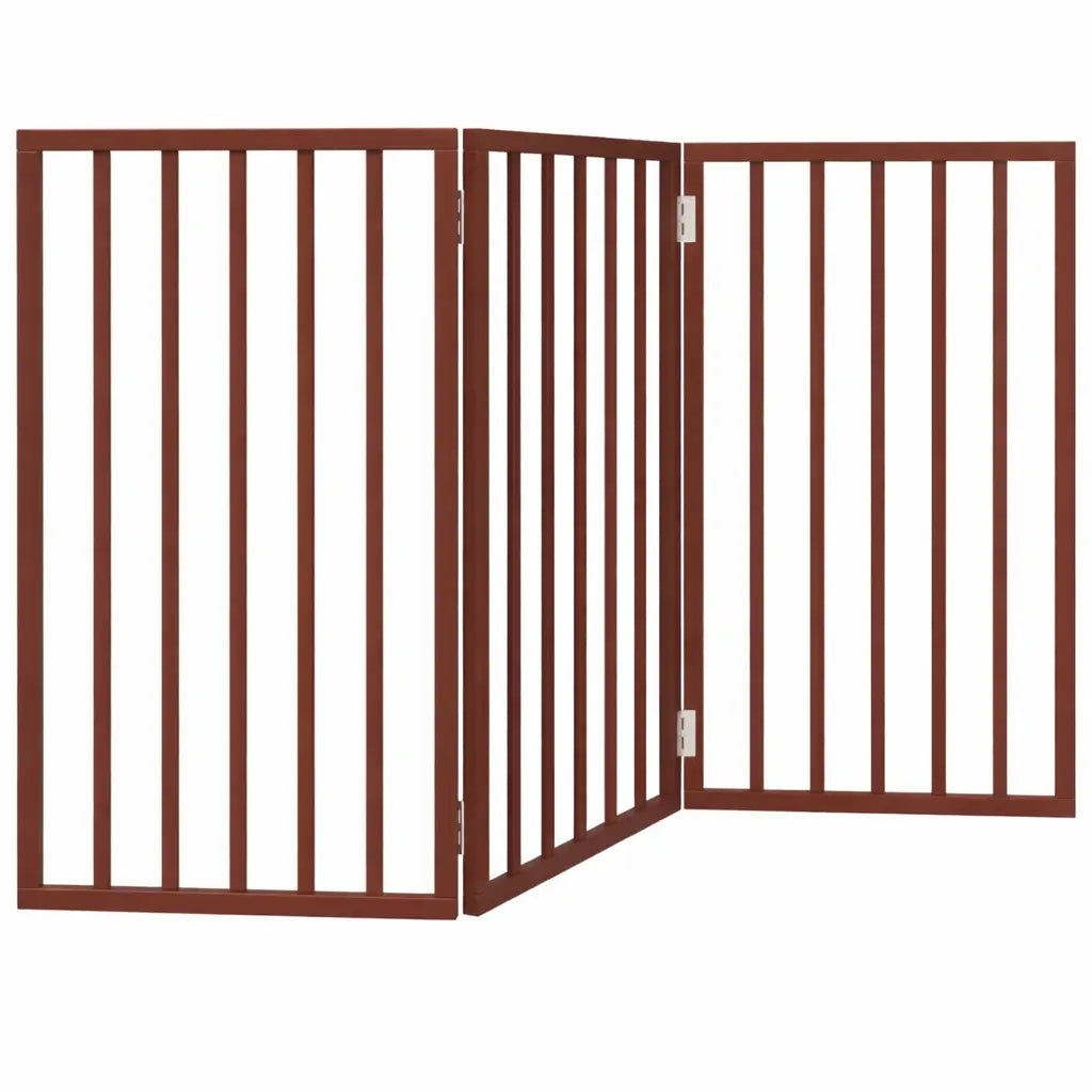 Black freestanding dog gate, three-panel folding wooden pet barrier made of poplar wood with a water-based paint finish.