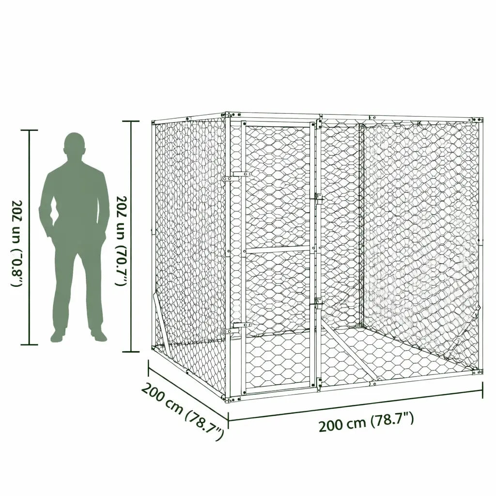 Galvanised steel outdoor dog run with height comparison showing 2 metre structure next to human silhouette