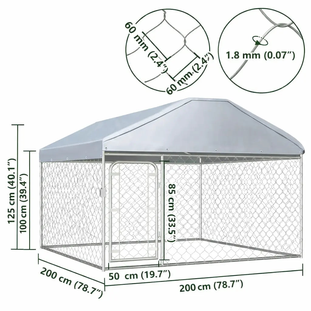 Outdoor dog kennel overall dimensions 200 x 200 x 100/135 cm with gate dimensions 50 x 85 cm and 60 x 60 mm mesh size