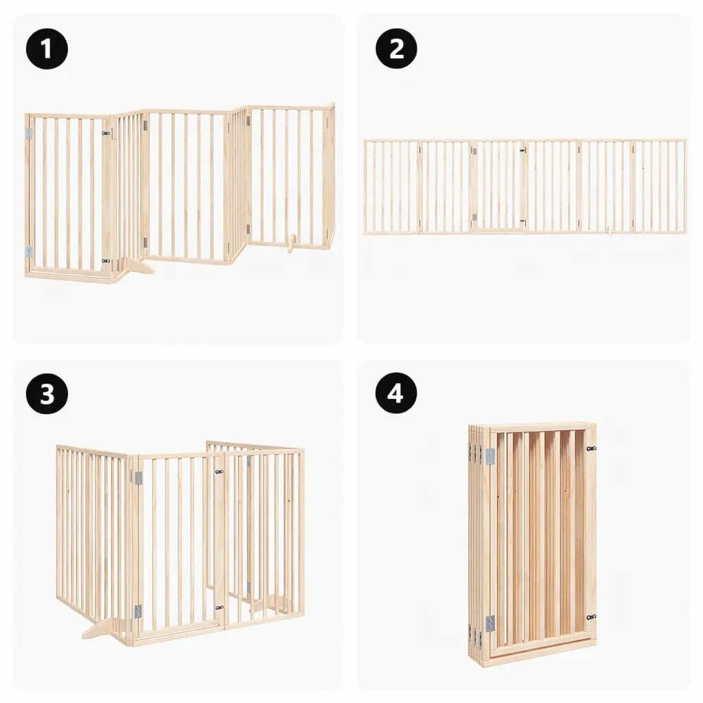 Four-view diagram of the 6-panel pet gate showing zigzag, straight, U-shape, and fully folded configurations.