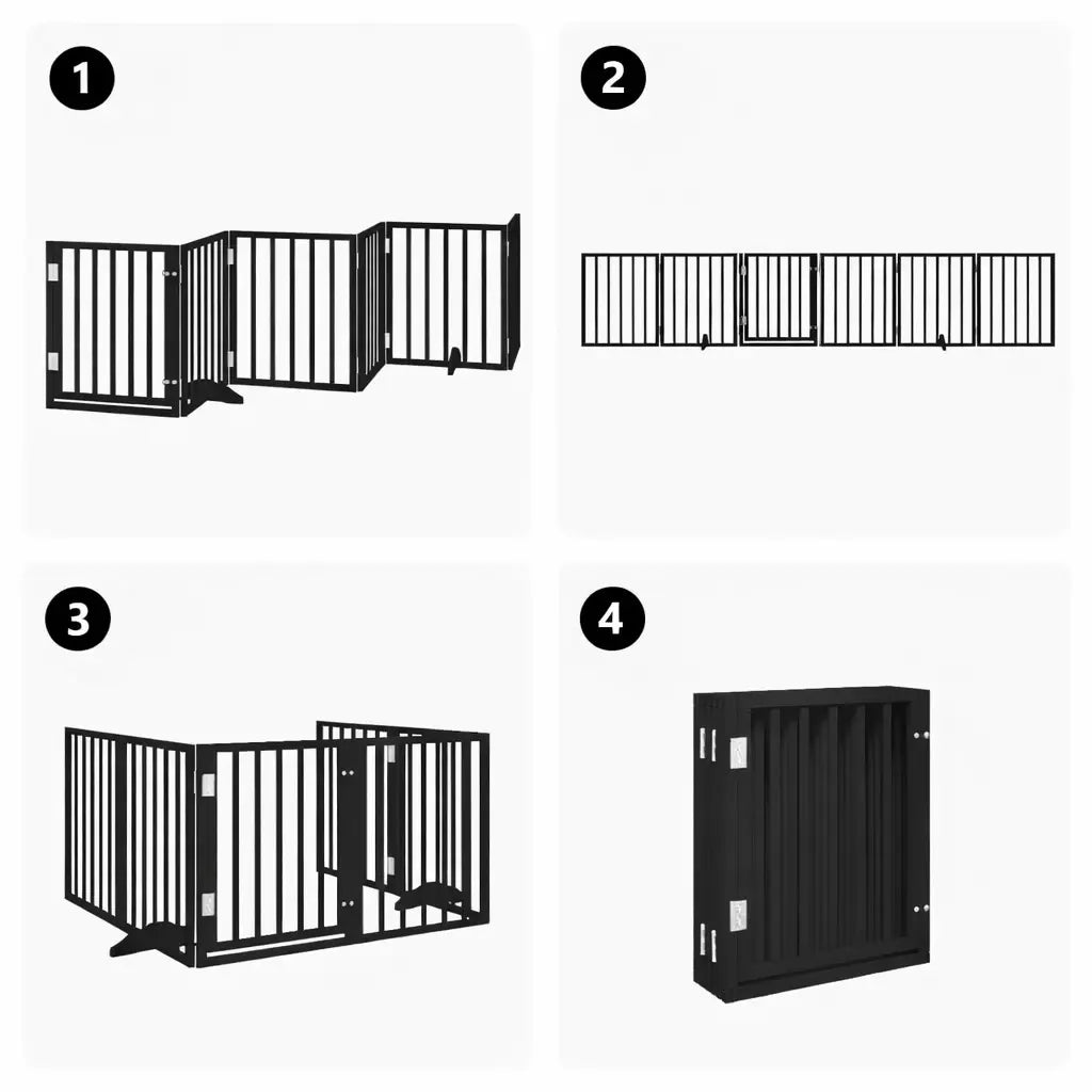 Natural wood foldable dog gate with door, 6-panel freestanding pet barrier for small to medium-sized dogs.