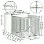 Dog kennel with run showing overall dimensions 117 x 201 x 123 cm and mesh size 50.8 x 25.4 mm