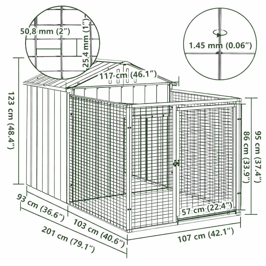 Dog kennel with run showing overall dimensions 117 x 201 x 123 cm and mesh size 50.8 x 25.4 mm