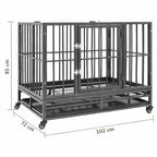 Black steel dog crate with caster wheels showing overall dimensions 92 x 62 x 76 cm on white background