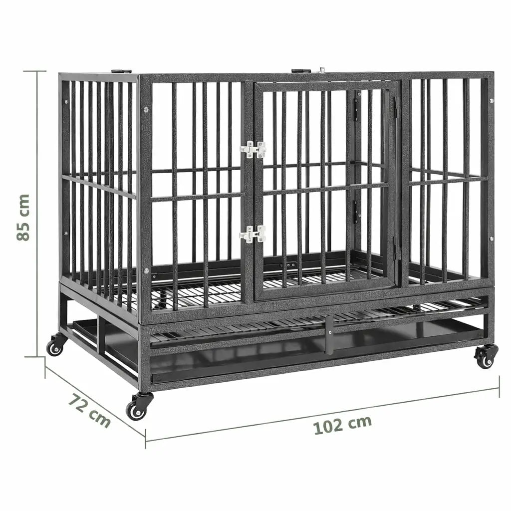 Black steel dog crate with caster wheels showing overall dimensions 92 x 62 x 76 cm on white background