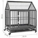 Steel dog crate with roof showing overall dimensions 92 x 62 x 106 cm on white background