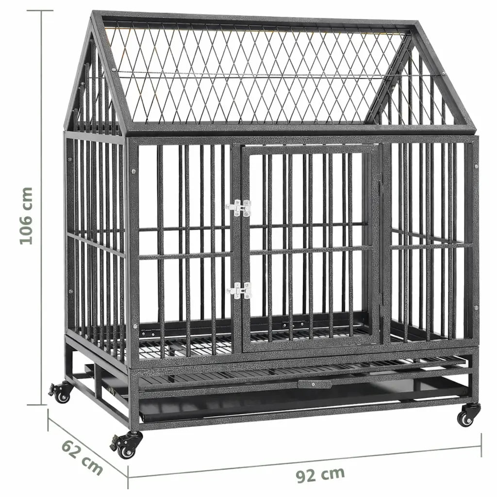 Steel dog crate with roof showing overall dimensions 92 x 62 x 106 cm on white background