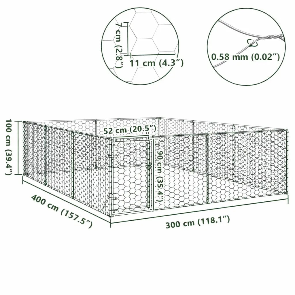 Outdoor dog run showing overall dimensions 3 x 4 x 1 m and hexagonal mesh size 7 x 11 cm