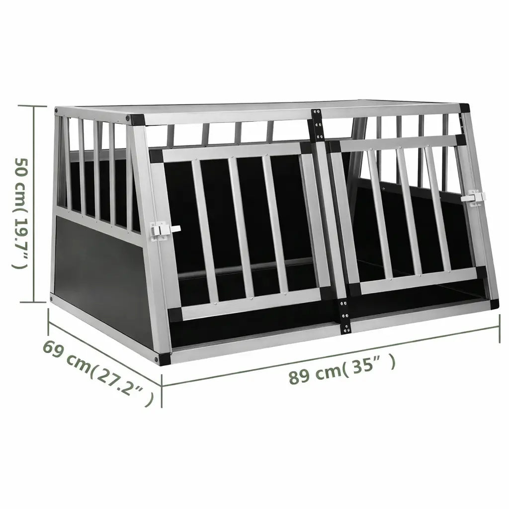 Car dog crate with measurement diagram showing dimensions 89 x 69 x 50 cm (width x depth x height) on white background