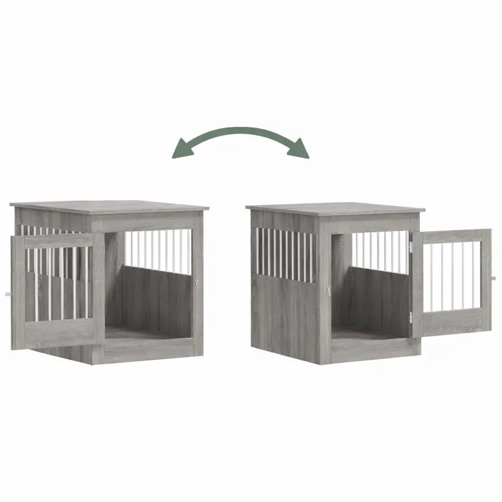 White engineered wood dog crate table with hinged door open and steel wire panels, shown on white background
