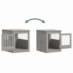 White engineered wood dog crate table with hinged door open and steel wire panels, shown on white background