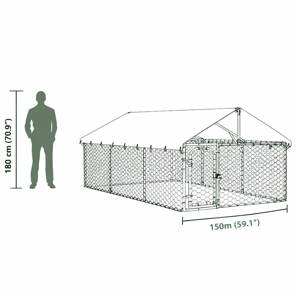 Galvanised steel outdoor dog kennel with roof showing 150 cm height comparison next to human silhouette