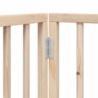 Close-up of the metal hinges connecting the poplar wood panels of the foldable dog safety gate.