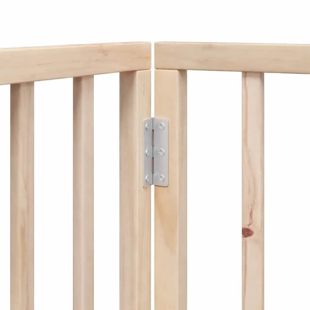 Close-up of the metal hinges connecting the poplar wood panels of the foldable dog safety gate.