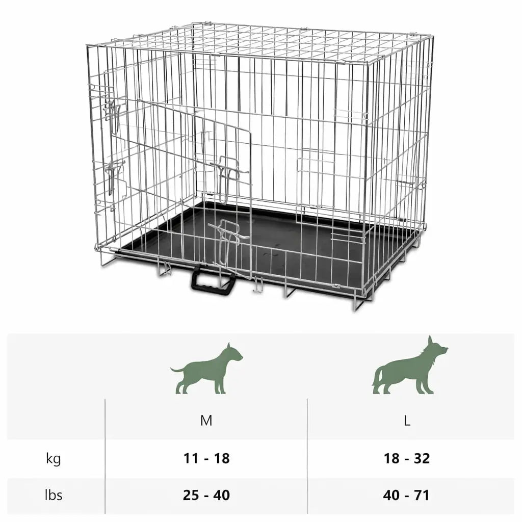 Dog crate size guide showing recommended weight ranges for medium and large dogs in kilograms and pounds
