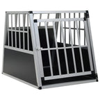 Silver aluminium single door dog crate for car boot with black MDF panels, angled front view on white background