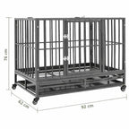 Steel dog crate on wheels showing overall dimensions 102 x 72 x 85 cm on white background
