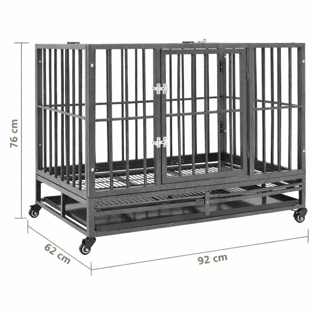 Steel dog crate on wheels showing overall dimensions 102 x 72 x 85 cm on white background