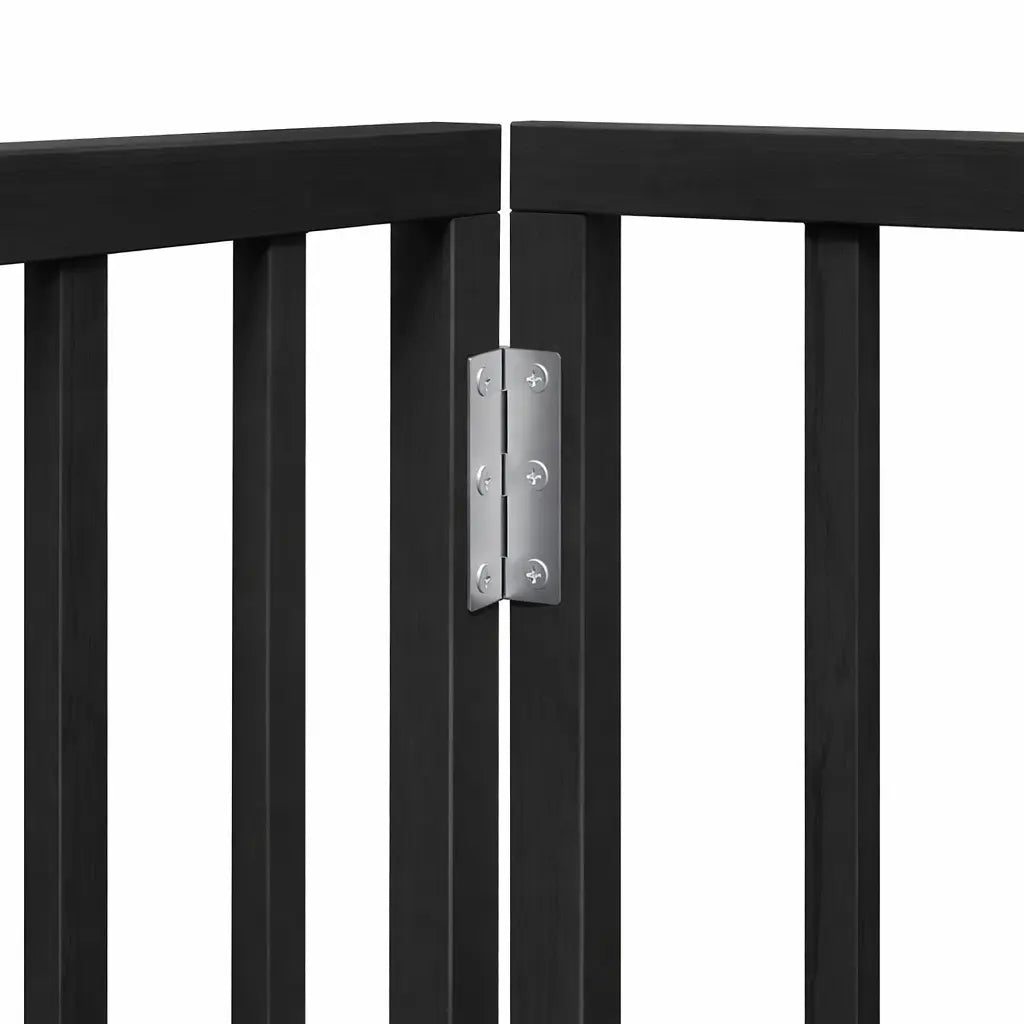 White foldable dog gate with door, 6-panel wooden pet fence with stabilising feet for indoor room division.