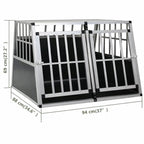 Larger size aluminium and MDF double car dog crate with measurement diagram showing 94 cm width, silver frame and black panels on white background