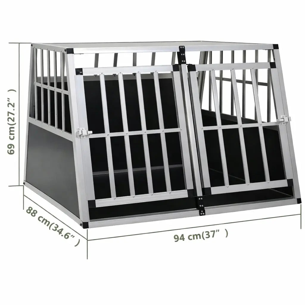 Larger size aluminium and MDF double car dog crate with measurement diagram showing 94 cm width, silver frame and black panels on white background