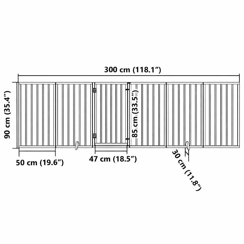 Technical drawing showing dimensions: 300cm total length, 90cm height, 50cm panel width, and 6cm bar spacing.
