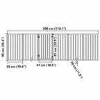 Technical drawing showing dimensions: 300cm total length, 90cm height, 50cm panel width, and 6cm bar spacing.