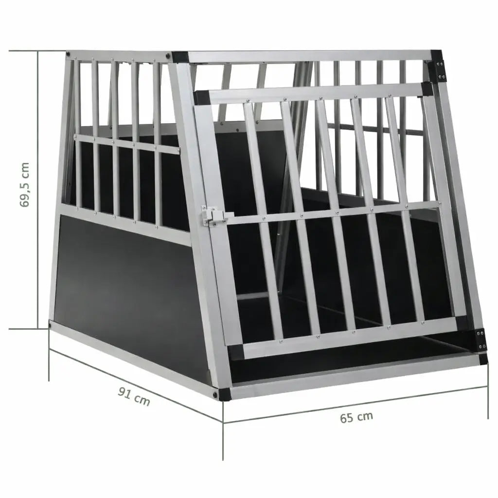 Larger size single door aluminium car dog crate with measurement diagram showing 91 x 65 x 69.5 cm dimensions