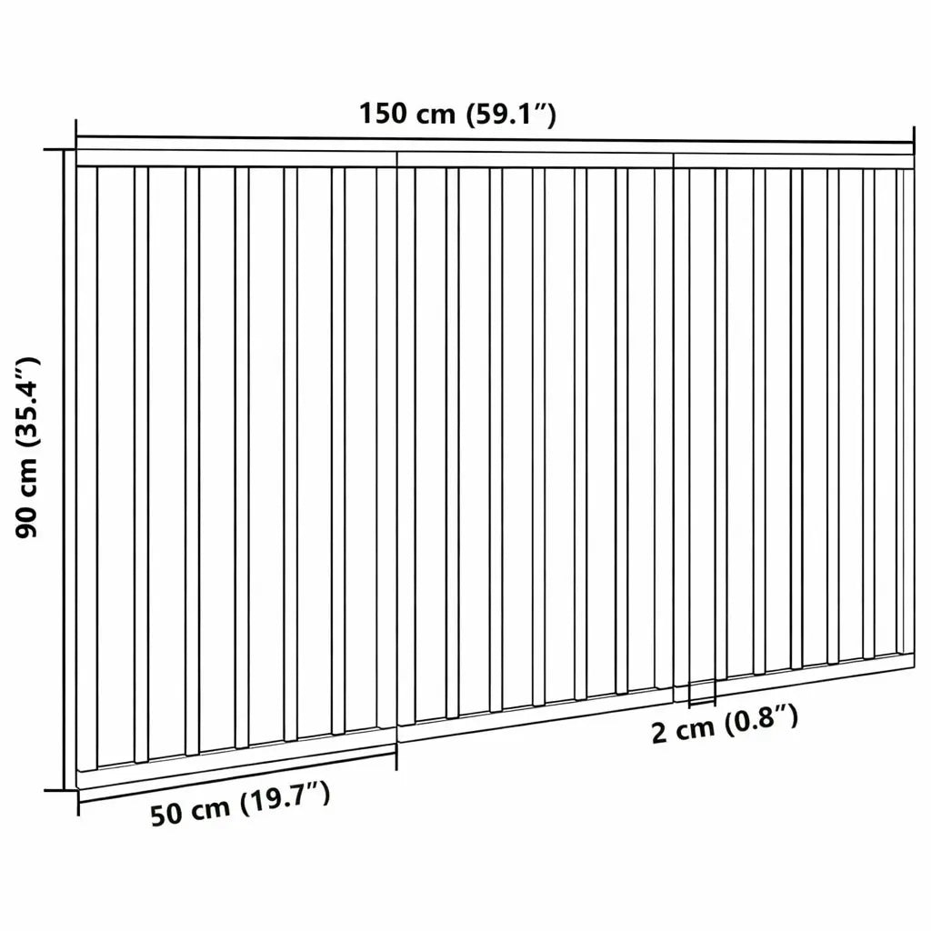 Dimensional diagram of the dog gate showing a total length of 150 cm, height of 90 cm, and panel thickness of 2 cm.