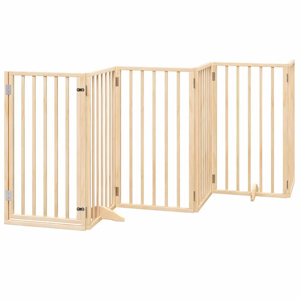 Natural finish poplar wood 6-panel dog gate, freestanding pet barrier with stabilising feet and locking walk-through door.
