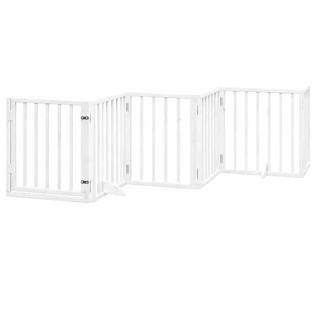 Black foldable wooden dog gate with walk-through door panel open, showing the locking mechanism and 6 panels.