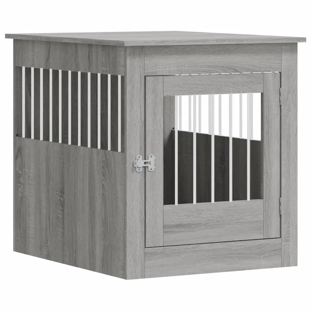 Grey Sonoma dog crate furniture with ventilated steel wire panels and front latch door