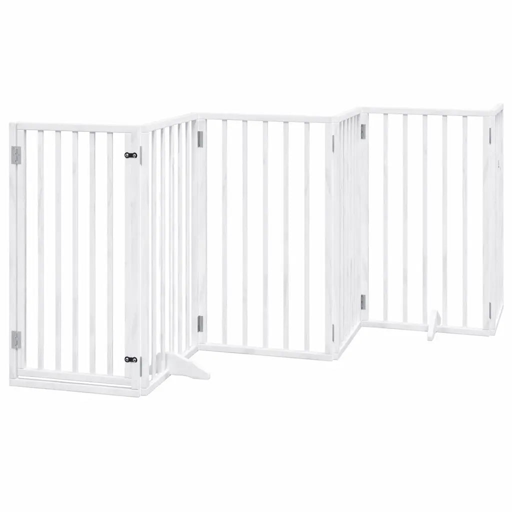 White foldable wooden pet gate with 6 panels, 300cm wide freestanding safety fence for small to medium dogs.