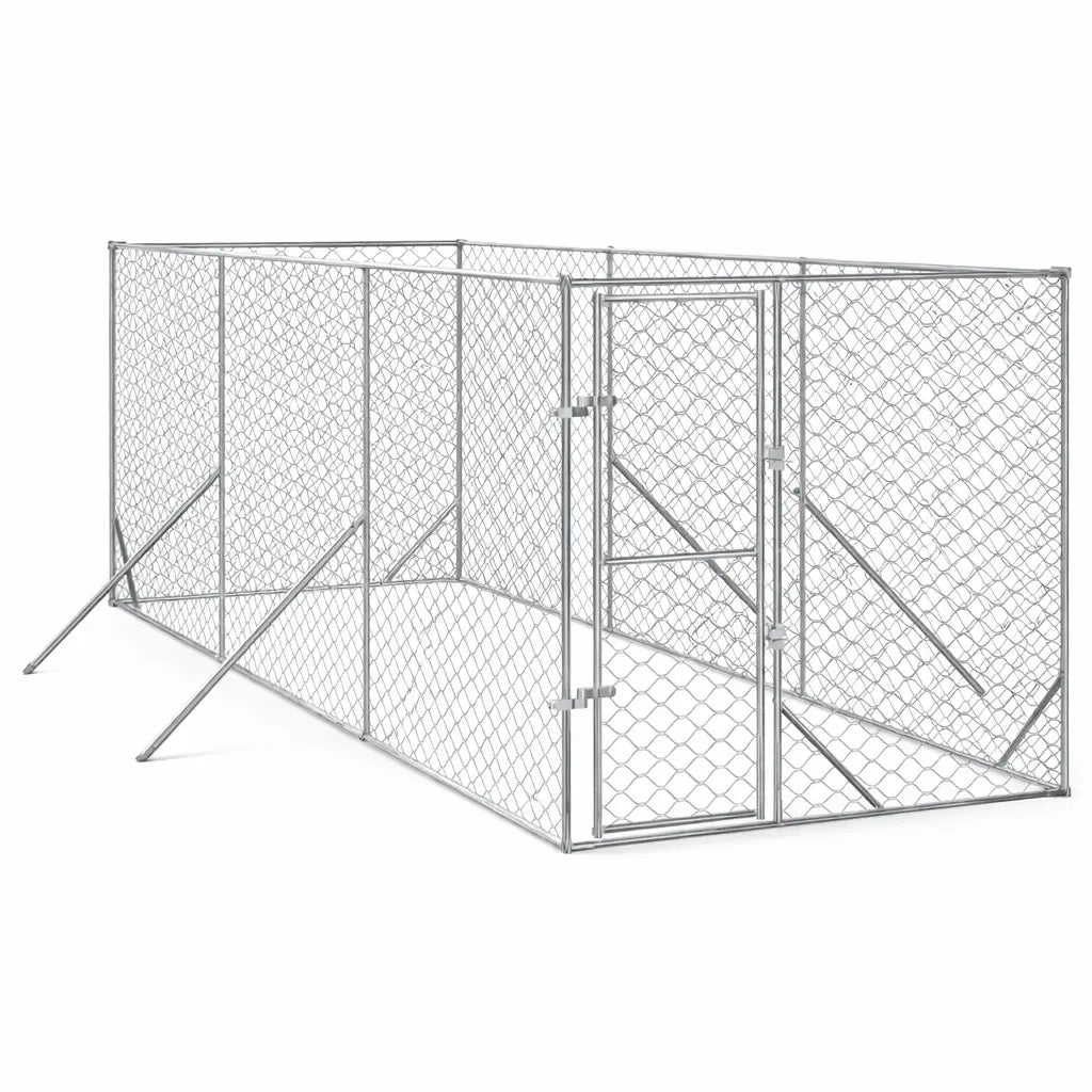 Silver chain link walk-in dog run with a secure locking door isolated on a white background