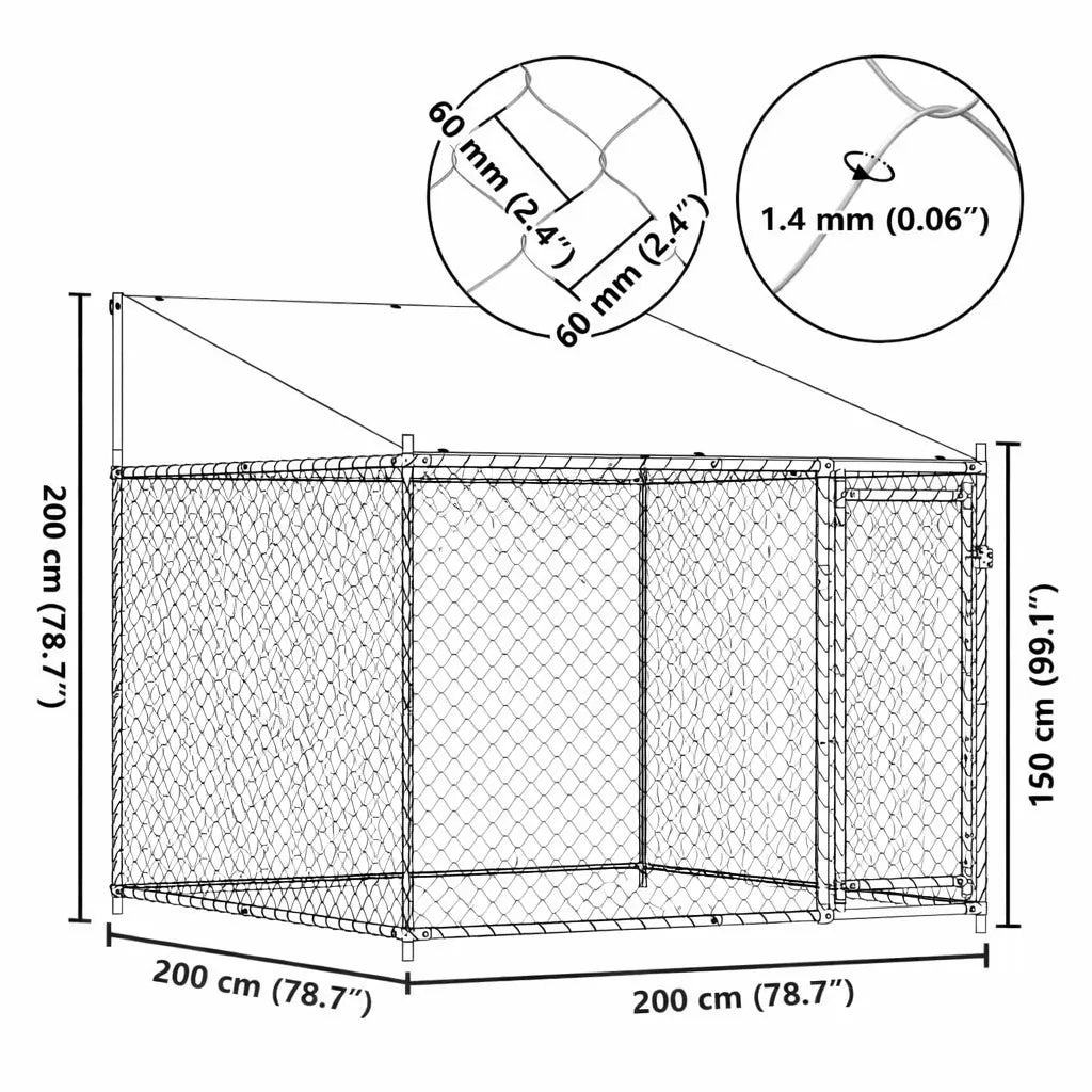 Front View Outdoor Dog Kennel with Roof and Door in White Background with Dimensions