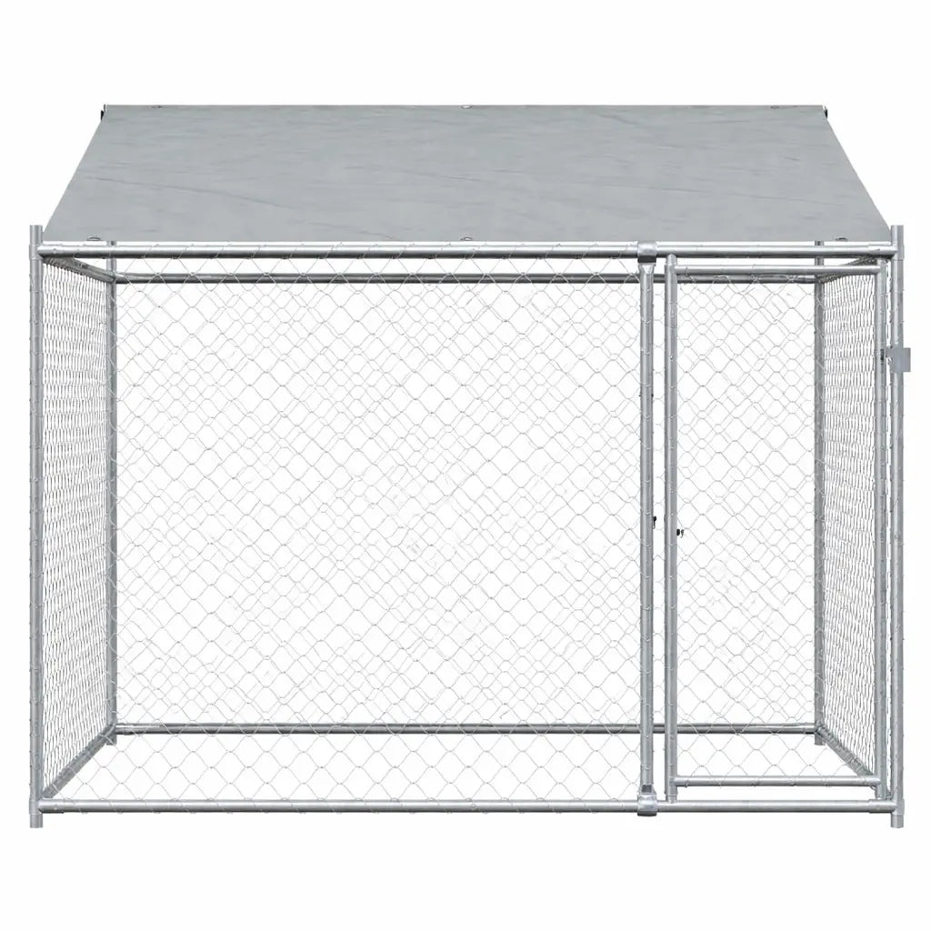 Front View Outdoor Dog Kennel with Roof and Door in White Background
