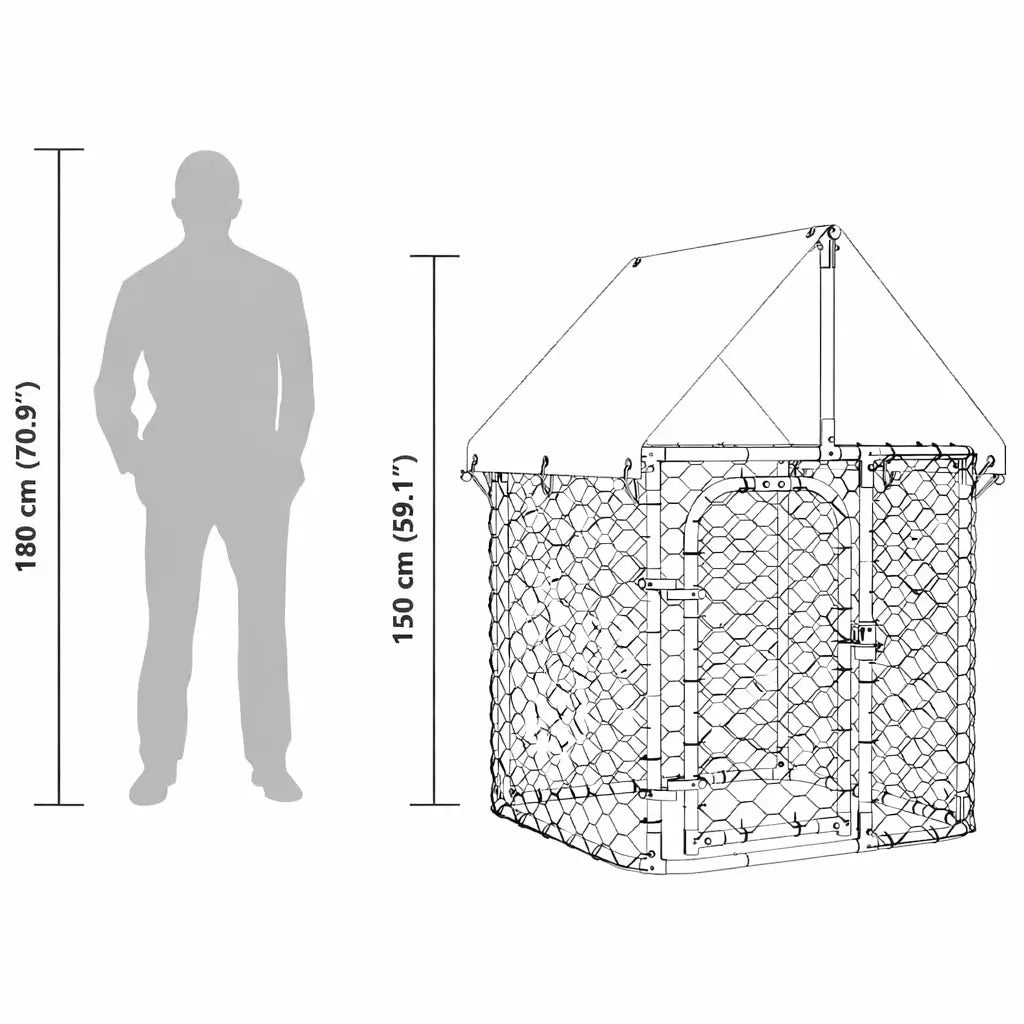 Human Comparaison Size of Outdoor Dog Kennel with Roof on White Background