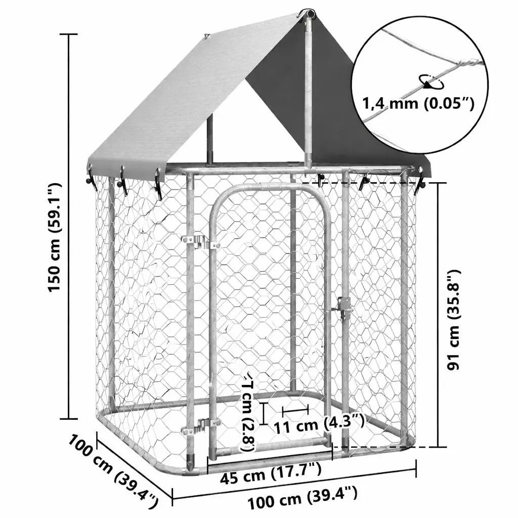 Dimensions of Outdoor Dog Kennel with Roof on White Background