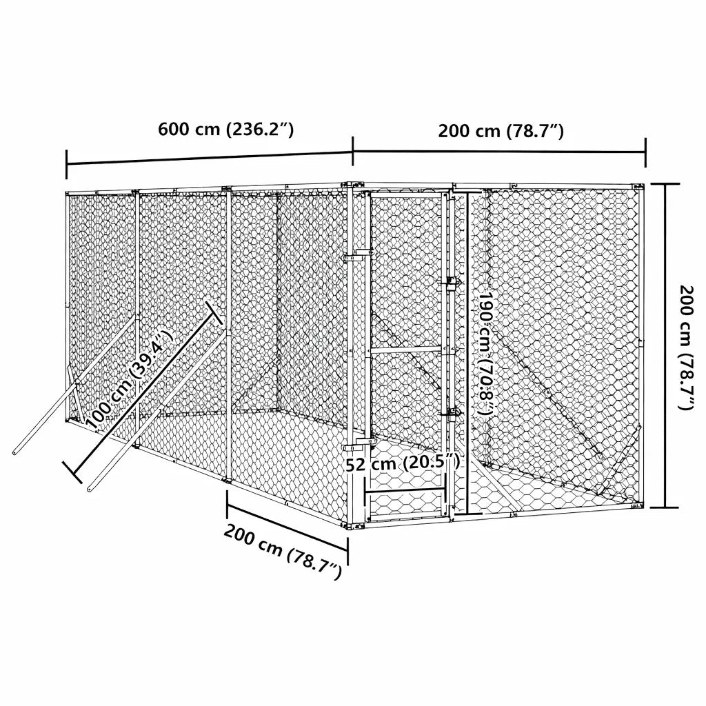 Technical dimensions diagram for a 6 metre long galvanised steel dog run showing width and height