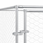 Close-up of the silver galvanised steel tube frame and clamp assembly for the outdoor dog run