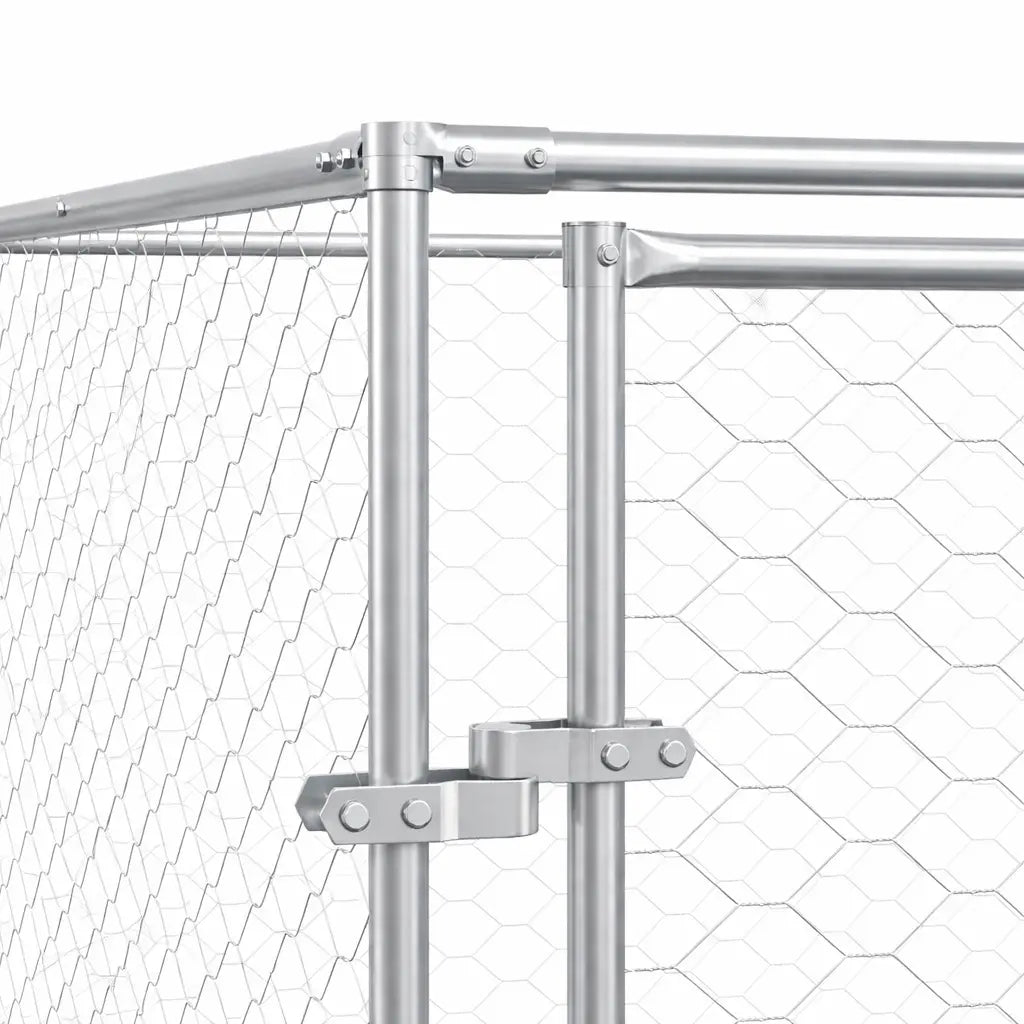 Close-up of the silver galvanised steel tube frame and clamp assembly for the outdoor dog run