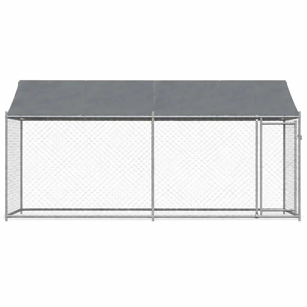 Front view metal outdoor dog kennel with roof and door 4x2x2m