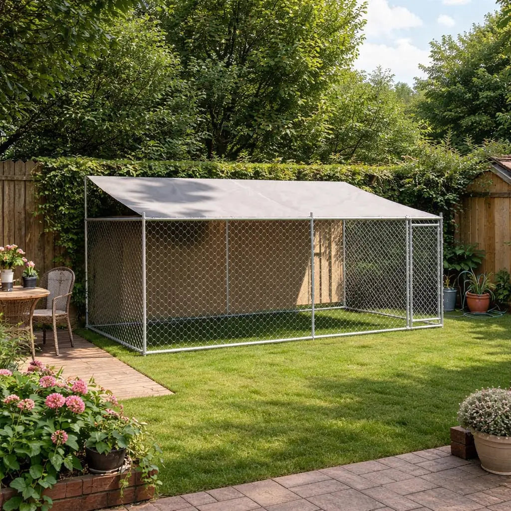 Outdoor dog kennel with roof installed in garden 4x2x2m
